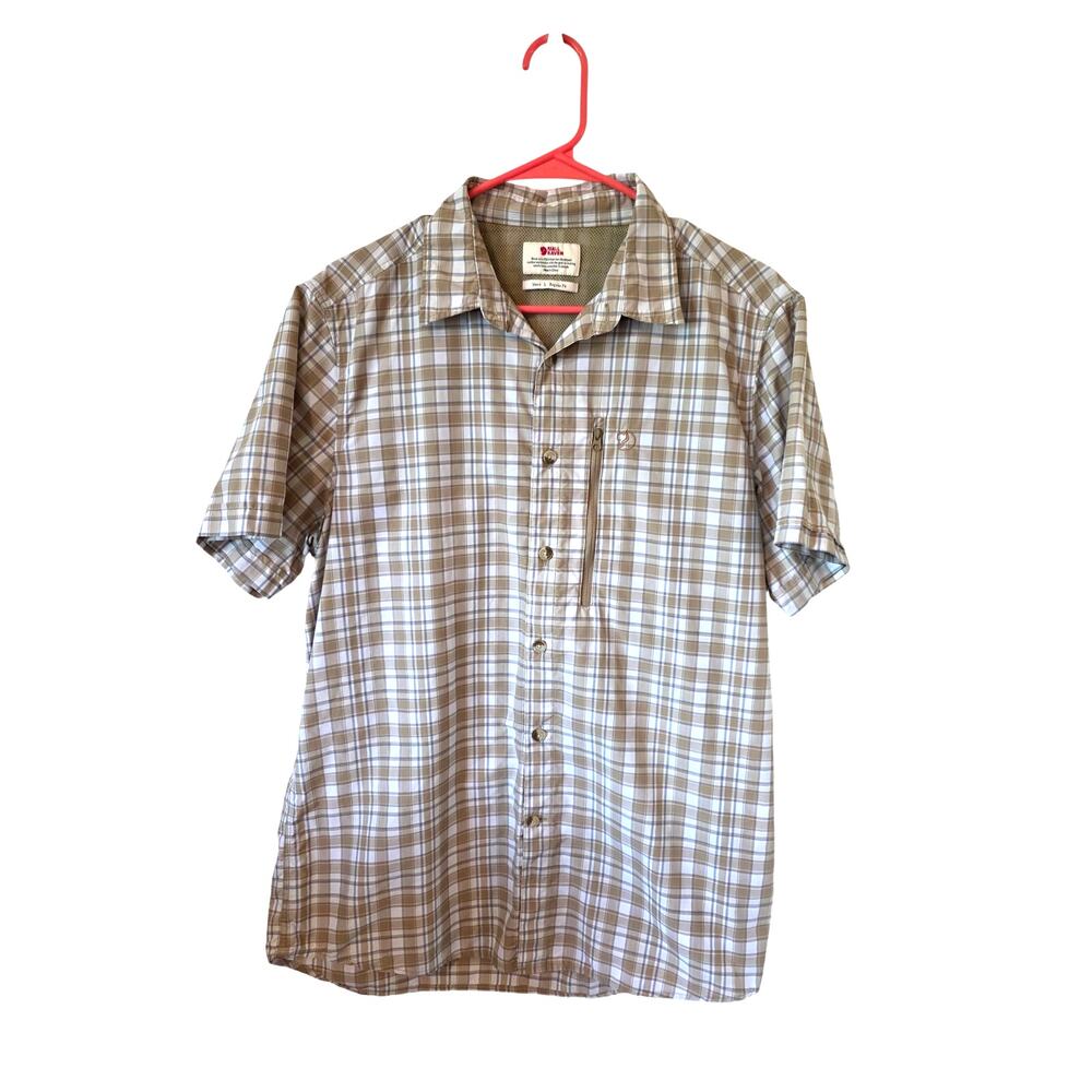 Fjallraven Mens Absiko Hike Shirt Plaid Short Sleeve Shirt Size Large Tan White